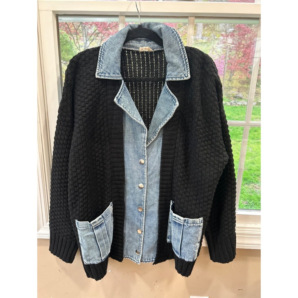 Hem & Thread Button Down Cardigan Denim & Black Knit Crochet Sleeves Collared Lg